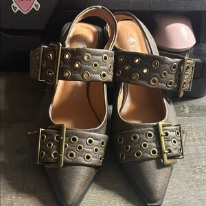 Women's Brown Buckle Pointy Toe Sling Backs